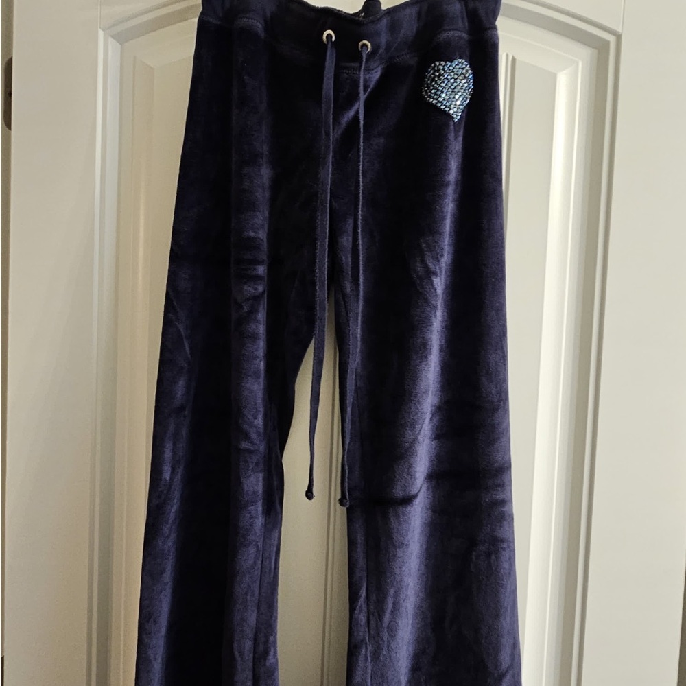 TWISTED HEART Navy Velour Pants with Blue Heart Detail